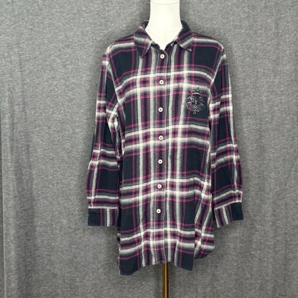 Soft Surroundings Flannel Black Pink Striped Cotton Button Up Womens Size XL